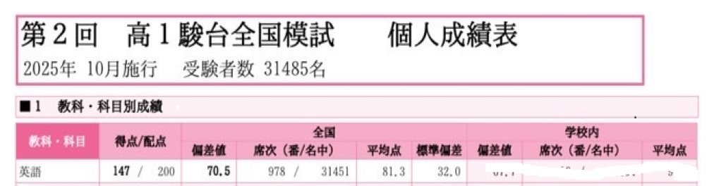 高1駿台全国模試 個人成績表