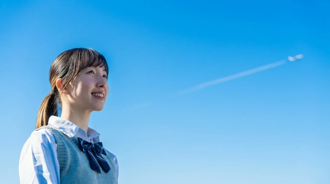 青空を背景に微笑む生徒