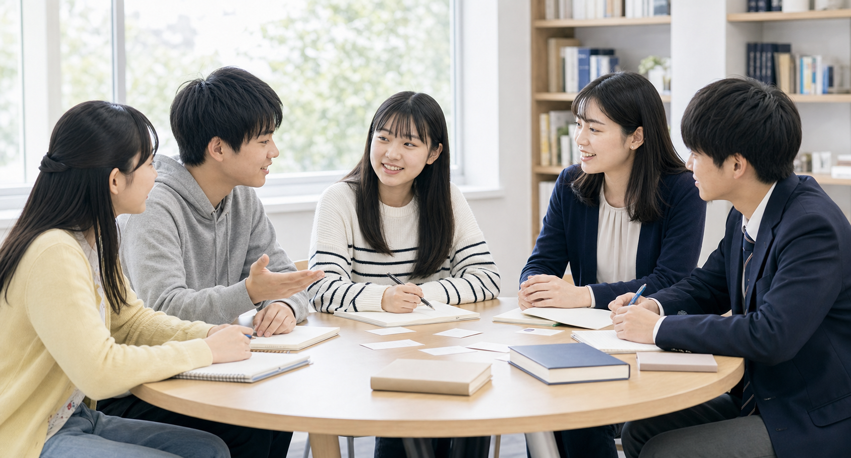 若い女性講師と円卓を囲み英語でディベートする高校生たち