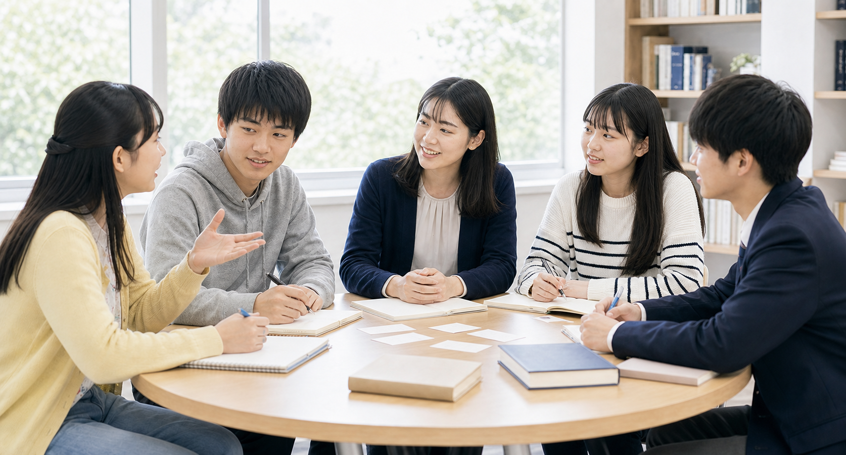 服装の異なる高校生たちが円卓で英語ディベートを行う授業
