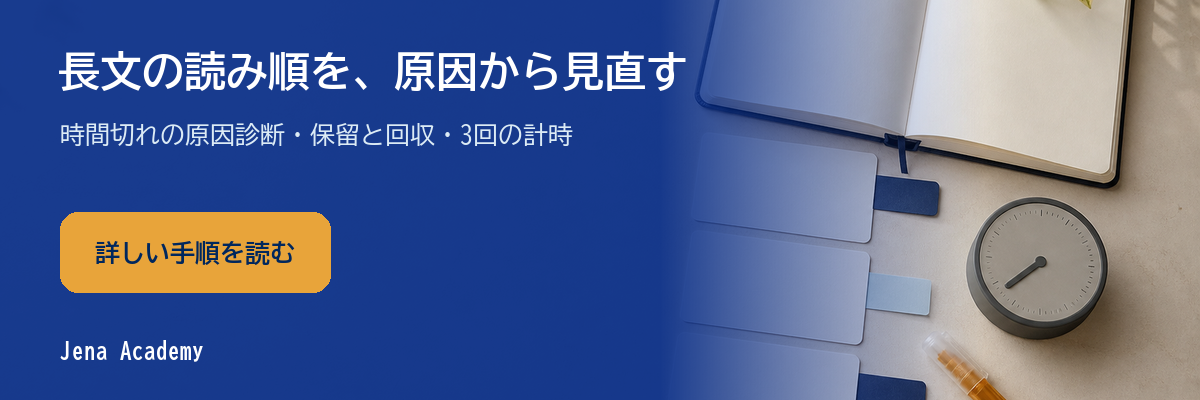 学習机を上から見た写真に「長文の読み順を、原因から見直す」「時間切れの原因診断・保留と回収・3回の計時」と表示した記事内バナー