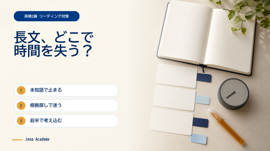 学習机を上から見た写真と「英検2級 リーディング対策」「長文、どこで時間を失う？」の文字、未知語・根拠探し・前半の考え込みという3つの原因を示した画像