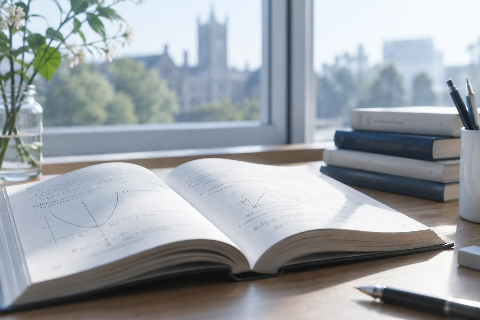 窓辺の机に置かれた数学の参考書とグラフ・図形が書き込まれたページ