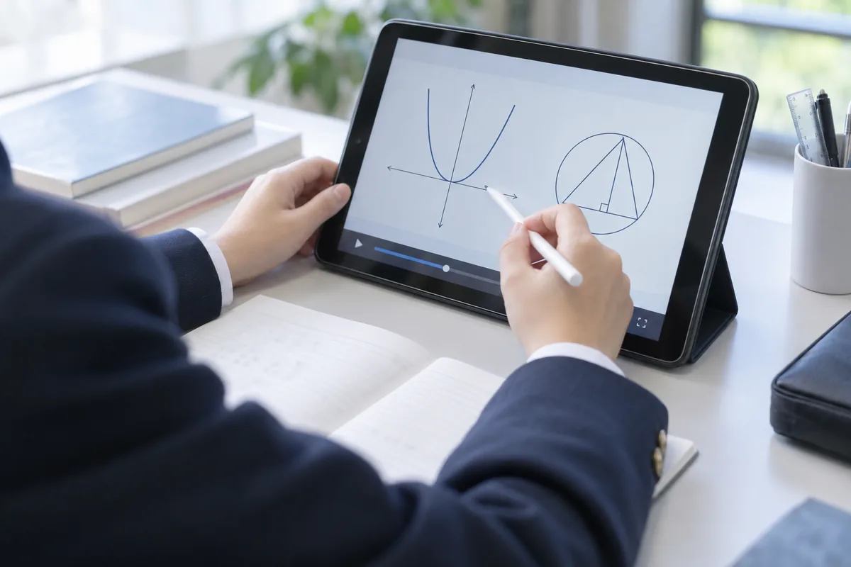 タブレットの解説動画でグラフと図形を確認する手元