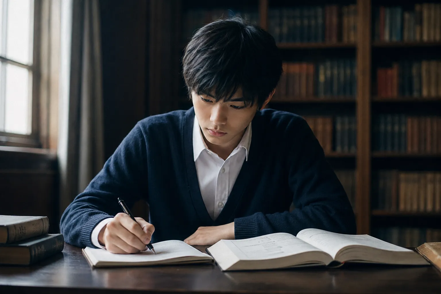 机に向かい、真剣に学習する生徒